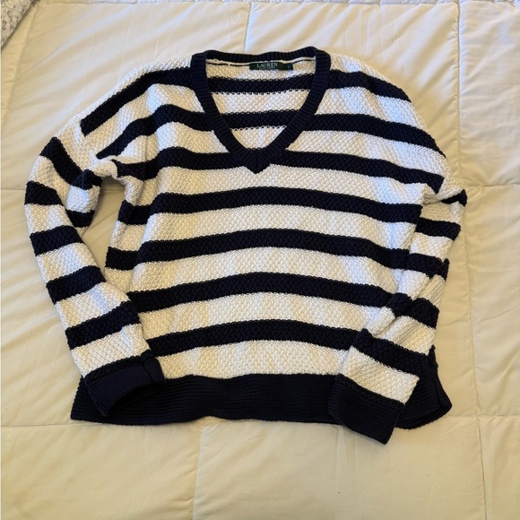 Ralph Lauren Striped V-Neck Sweater - Navy and White 100% cotton size large - Picture 1 of 5
